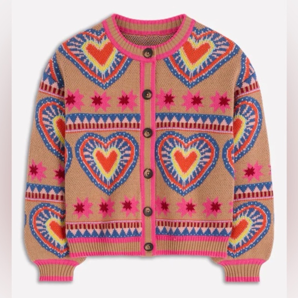 NWOT BODEN Abi Jacquard Cardigan - Camel Melange, Hearts